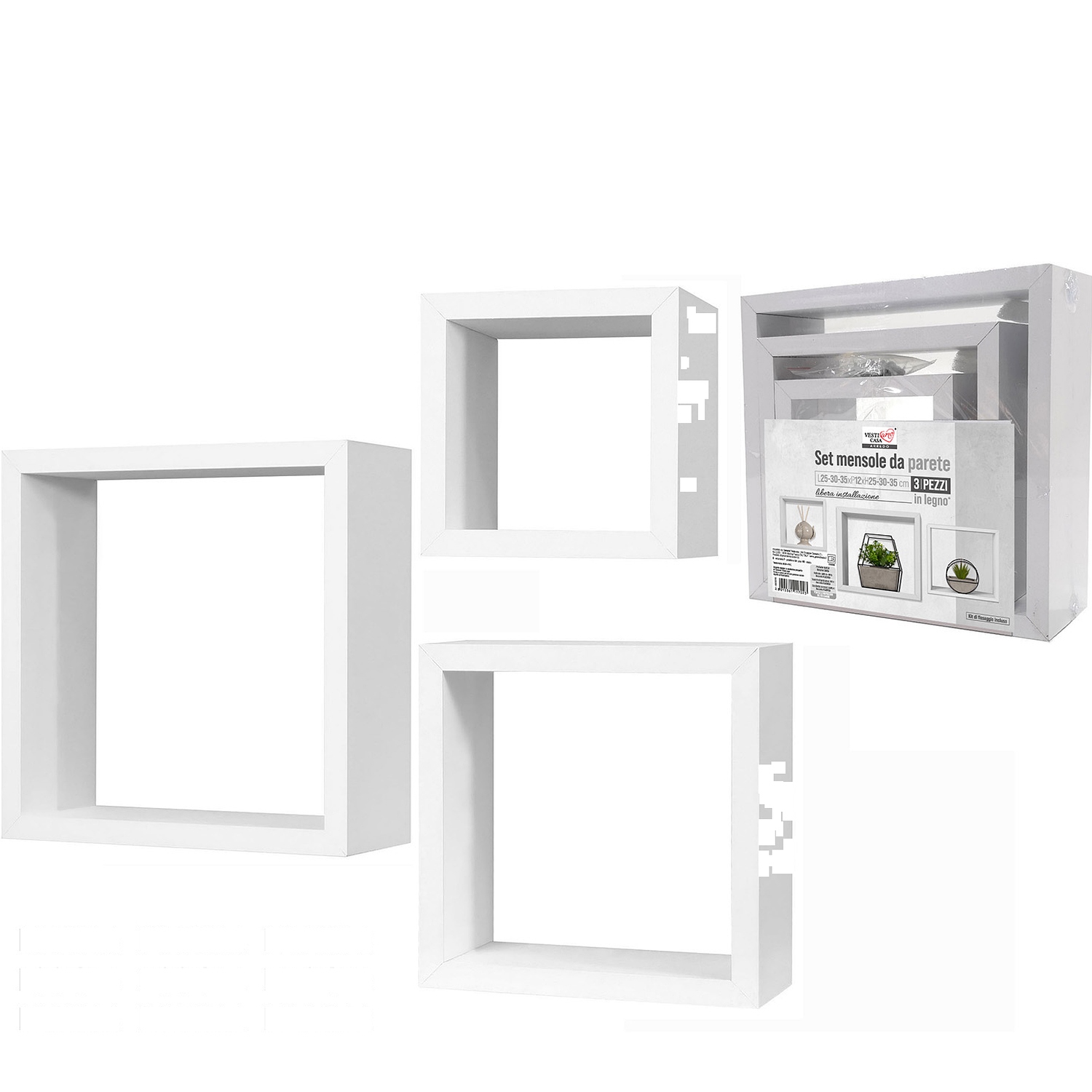 Σετ Ραφιών Κύβοι Λευκό Ξύλο 35x35x12cm/30x30x12cm/25x25x12cm 3Τμχ